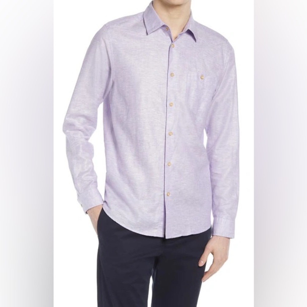 Ted Baker mens 3 M Medium lavender purple linen cotton blend button up shirt EUC